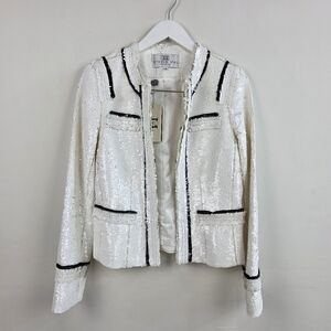 Stevie Mac White Sequin Blazer with Black Accents, Size 4